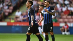 PRIMERA VEZ JUNTOS. Lautaro Martínez y Mauro Icardi como delanteros del Inter ante Sheffield United.
