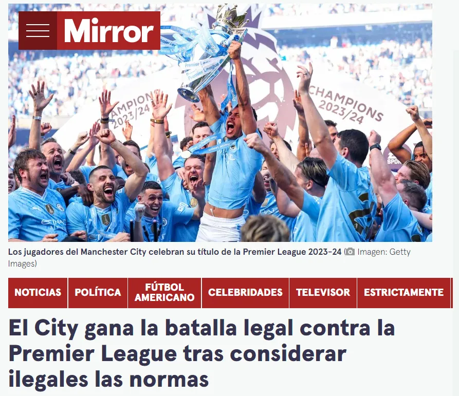 Una de las publicaciones con las que se anunció en Inglaterra el resultado a favor del Manchester City.