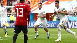 Los jugadores de Uruguay celebrando el gol