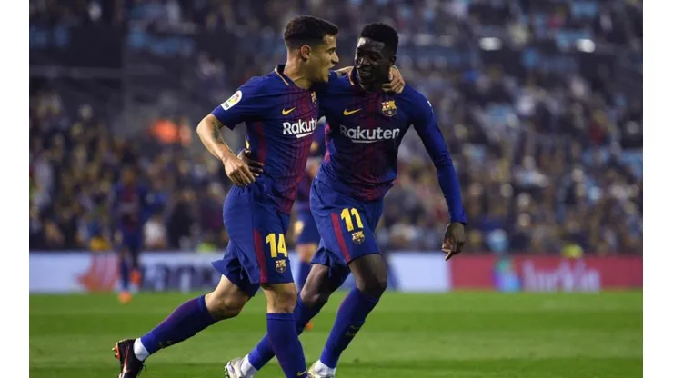 La alegría de Philippe Coutinho y Ousmane Dembélé.