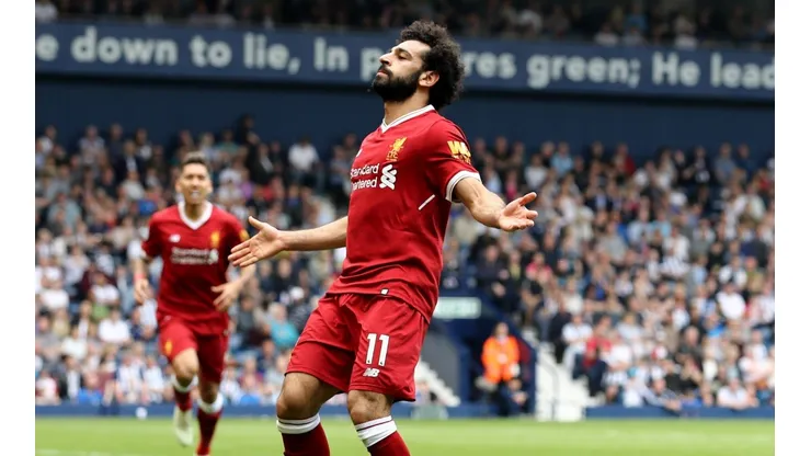 Foto de Mohamed Salah festejando su gol con Liverpool.