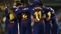 AÚN LÍDERES. Los jugadores del Barcelona celebran el segundo tanto en Balaídos (Foto: Getty).