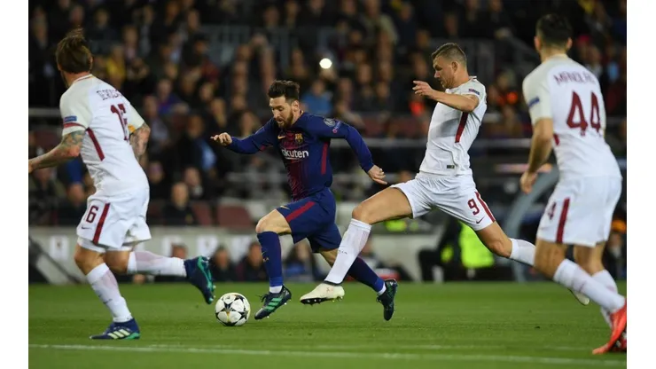 Messi con el uniforme de Barcelona en el partido de ida contra Roma en los cuartos de final de la Champions.