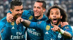 FESTEJO BLANCO. Cristiano Ronaldo, Lucas Vázquez y Marcelo celebran el tercer gol del Real Madrid.