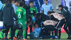 Gaitán desvanecido en pleno partido.