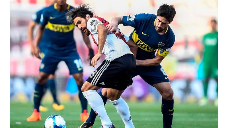 CON TODO. Ponzio y Pablo Pérez, los dos capitanes, en el último Superclásico del 2017.