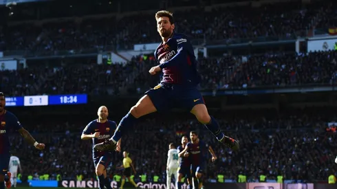 Lionel Messi celebra su gol en el Bernabéu