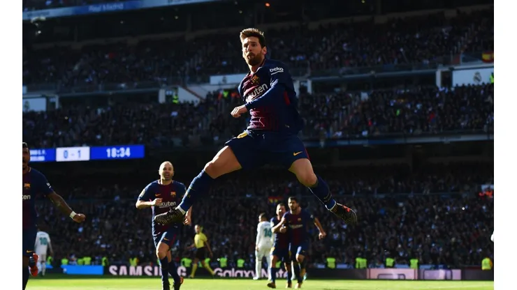 Lionel Messi celebra su gol en el Bernabéu