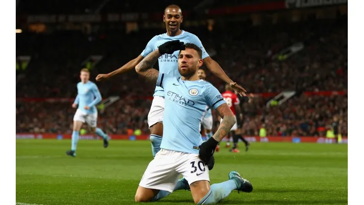 Otamendi celebra su gol en el Derby de Manchester.