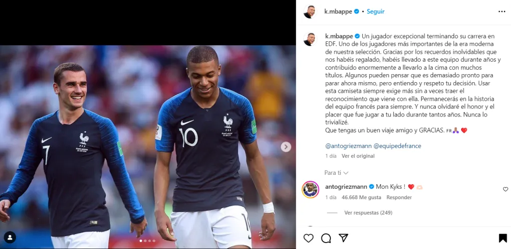 La publicación que Kylian Mbappé le dedicó a Antoine Griezmann.
