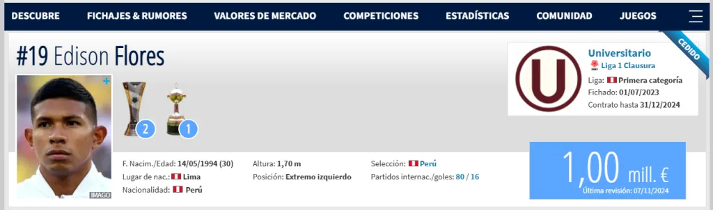 El precio de Flores. (Foto: Transfermarkt)