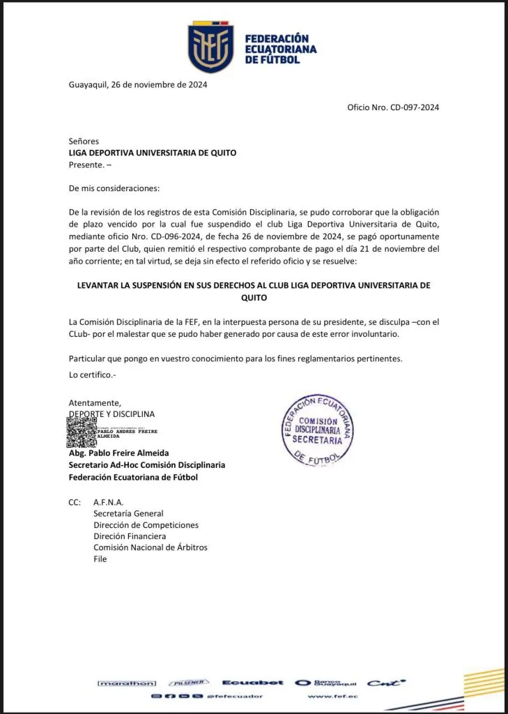 FEF aclara que no hay sanción por deuda a Renato Ibarra.