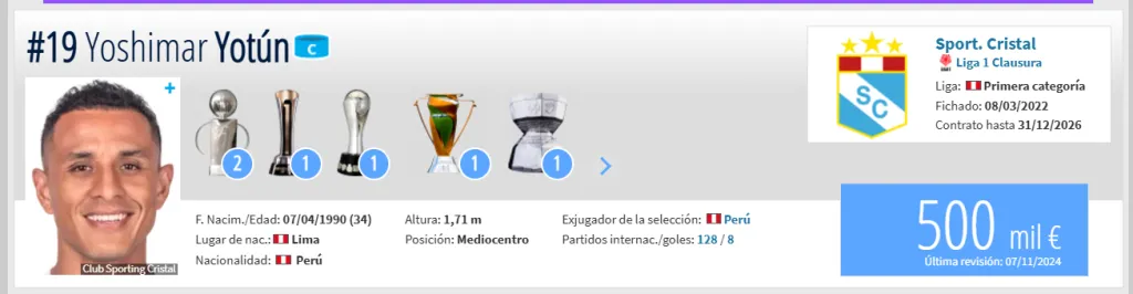 Yotún con Cristal. (Foto: Transfermarkt)