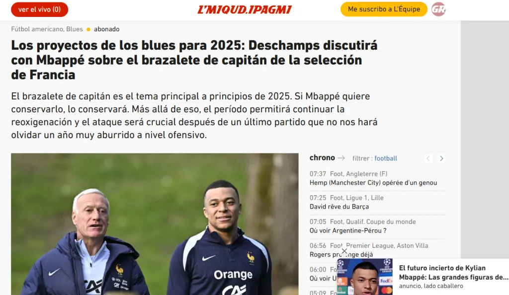 La publicación de L’Equipe sobre la idea de Deschamps de replantear la capitanía de Mbappé.