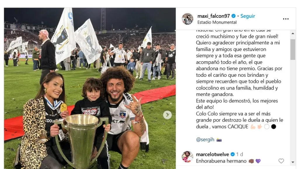 La publicación de Falcón y el comentario de Marcelo (Captura IG)