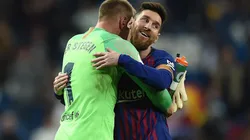 Ter Stegen y Messi en celebración con Barcelona.