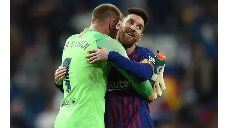 Ter Stegen y Messi en celebración con Barcelona.