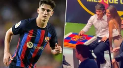 Gavi en 'acción'... De juego. Y en el evento de renovación.