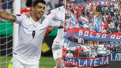 Luis Suárez en festejo y la hinchada de Nacional.