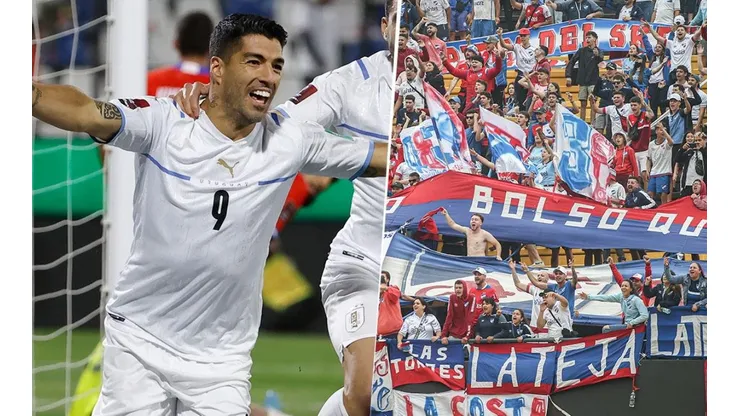 Luis Suárez en festejo y la hinchada de Nacional.