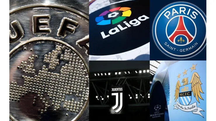 Logo de la UEFA, LaLiga, Juventus, PSG y Manchester City.