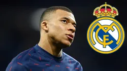 Kylian Mbappé y escudo del Real Madrid.