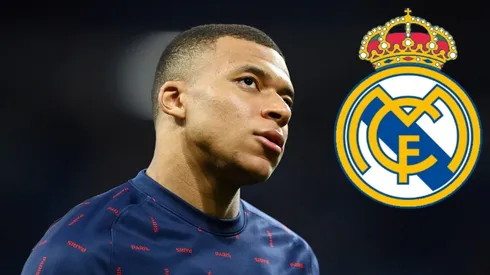 Kylian Mbappé y escudo del Real Madrid.
