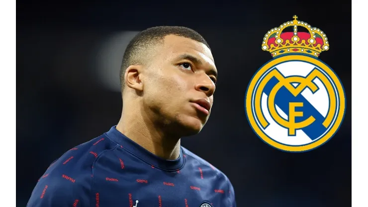 Kylian Mbappé y escudo del Real Madrid.