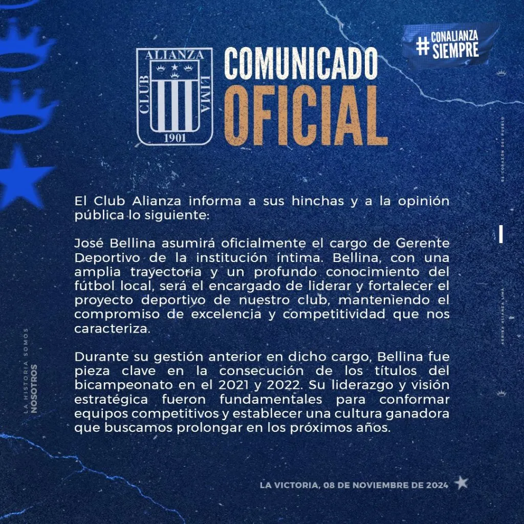 Comunicado de Alianza. (Foto: Alianza Lima)