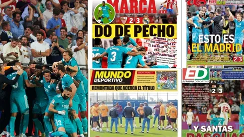 Portadas de los medios tras la victoria del Real Madrid en Sevilla.