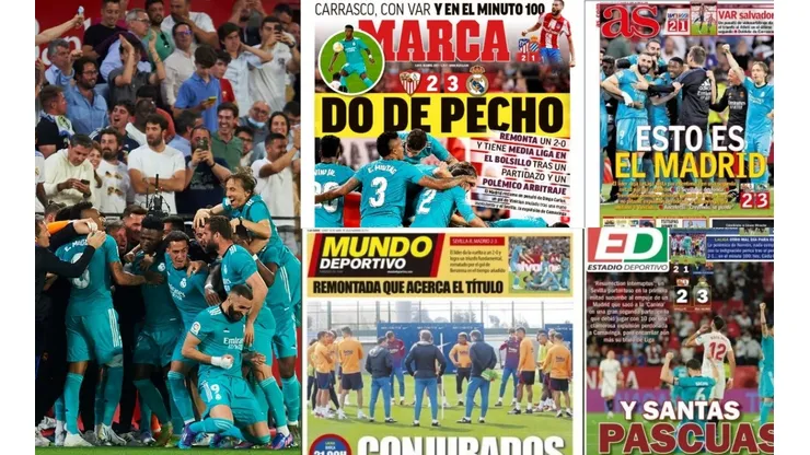Portadas de los medios tras la victoria del Real Madrid en Sevilla.