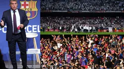 Joan Laporta y fans del Eintracht Frankfurt en el Camp Nou.