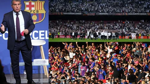 Joan Laporta y fans del Eintracht Frankfurt en el Camp Nou.