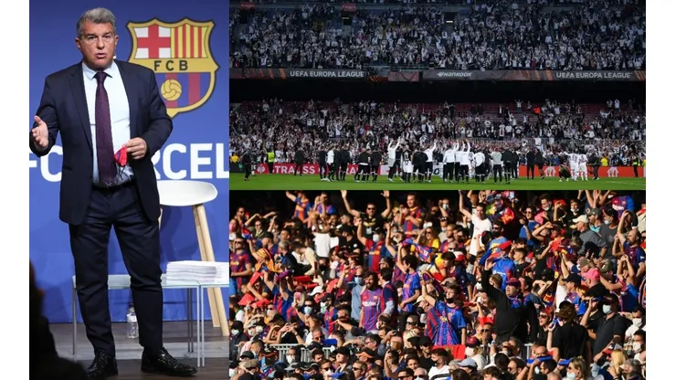 Joan Laporta y fans del Eintracht Frankfurt en el Camp Nou.