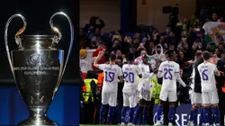 Trofeo de la UEFA Champions League y jugadores del Real Madrid.