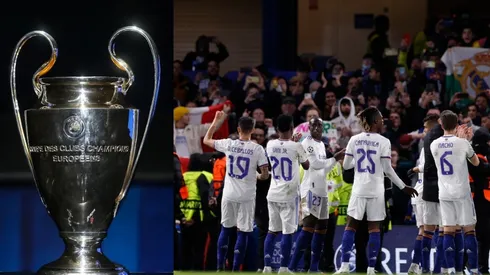 Trofeo de la UEFA Champions League y jugadores del Real Madrid.