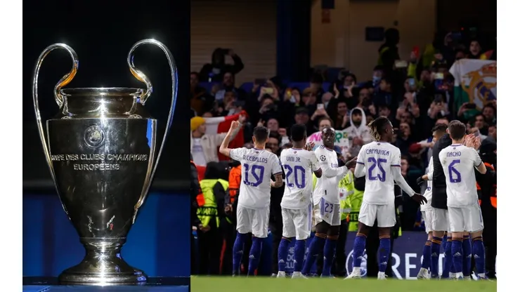 Trofeo de la UEFA Champions League y jugadores del Real Madrid.