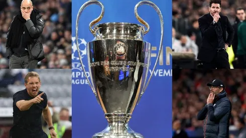 Pep Guardiola, Diego Simeone, Jürgen Klopp, Julian Nagelsmann y trofeo de la UEFA Champions League.