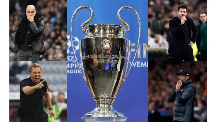 Pep Guardiola, Diego Simeone, Jürgen Klopp, Julian Nagelsmann y trofeo de la UEFA Champions League.