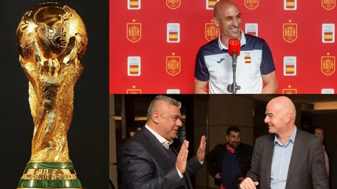 Trofeo de la Copa del Mundo, Luis Rubiales, Chiqui Tapia y Gianni Infantino.