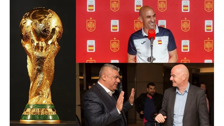 Trofeo de la Copa del Mundo, Luis Rubiales, Chiqui Tapia y Gianni Infantino.