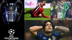 Trofeo de la UEFA Champions League y jugadores de Inter, Juventus y AC Milan.