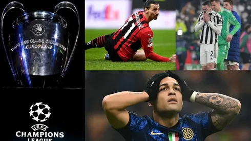 Trofeo de la UEFA Champions League y jugadores de Inter, Juventus y AC Milan.