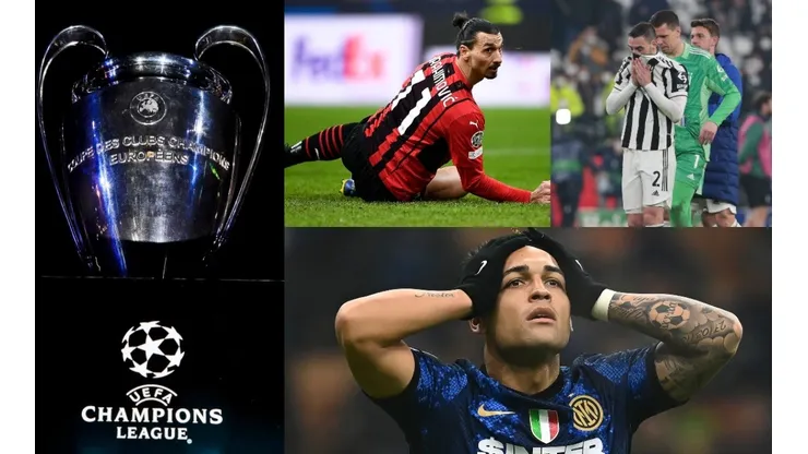 Trofeo de la UEFA Champions League y jugadores de Inter, Juventus y AC Milan.