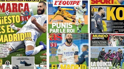 Las portadas de los medios tras la remontada del Real Madrid ante PSG.