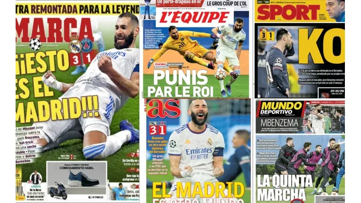 Las portadas de los medios tras la remontada del Real Madrid ante PSG.