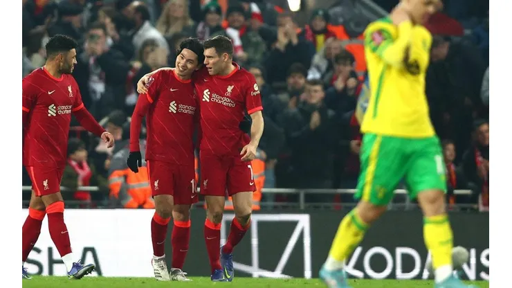 Liverpool en festejo de gol ante Norwich.