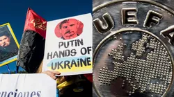 Imágenes del conflicto Rusia-Ucrania y logo de la UEFA.