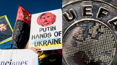Imágenes del conflicto Rusia-Ucrania y logo de la UEFA.
