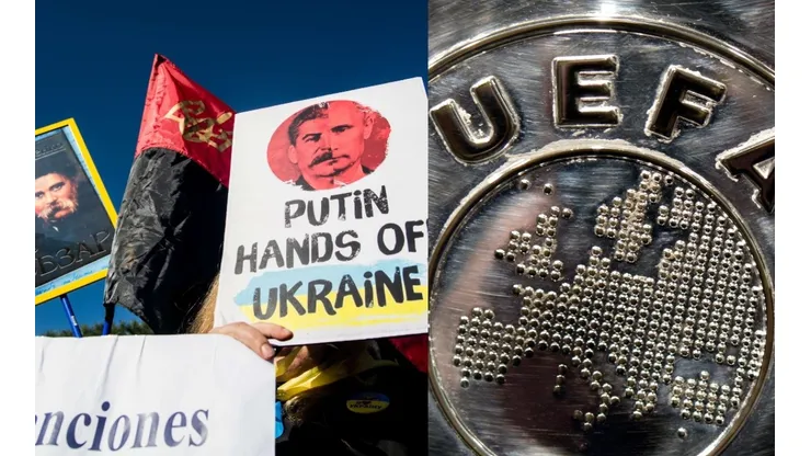 Imágenes del conflicto Rusia-Ucrania y logo de la UEFA.